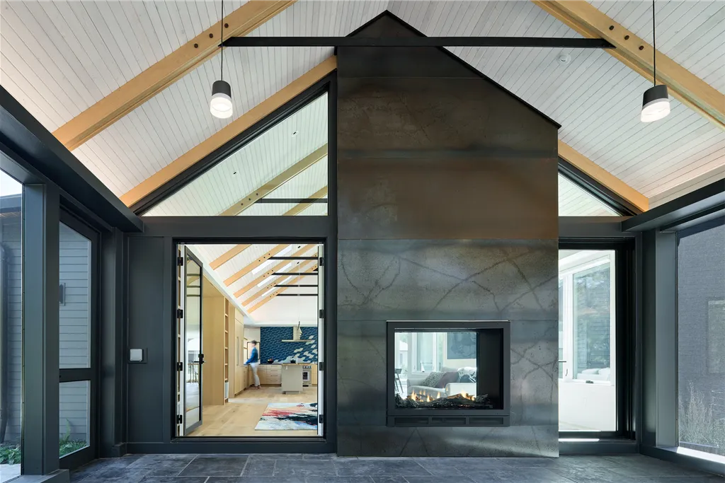 Modern luxury interior with large windows and wooden accents