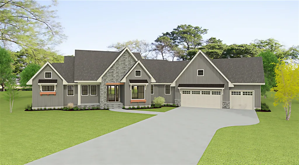 Luxurious suburban home with a spacious driveway and well-maintained lawn.