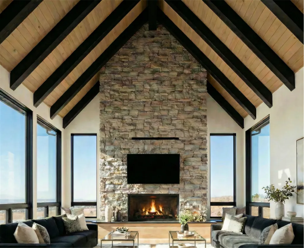 Interior of a modern chalet great room with large windows and a view of the bluffs.