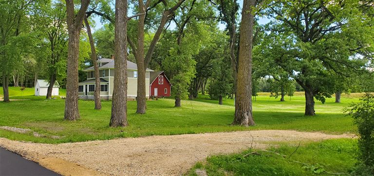 Family enjoying a summer day in a park with trees and a house in the background.