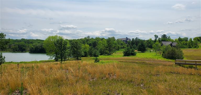 A peaceful summer landscape with a lake, trees, and a hayfield under a clear sky.