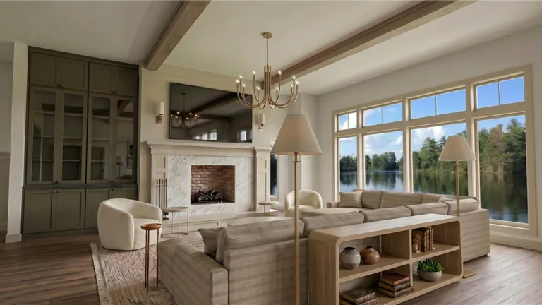 Modern great room at Wildwood on White Bear with contemporary furniture and natural lighting.