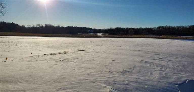 A frozen lake in a winter landscape with snow-covered trees and a dawn sky reflection.